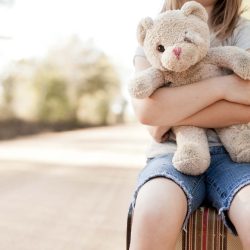 Little Girl with Ragged Teddybear and Suitcase - Poverty, Homele